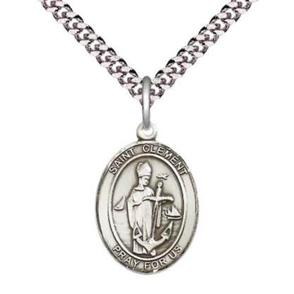 Everlasting Light Jewelry Medium Men's Pewter Saint St. Clement Medal Pendant on 24 Inch Endless Rhodium Plated Heavy Curb Brass Chain, Catholic Religious Necklace - Made in USA- Deluxe Velvet Gift Box