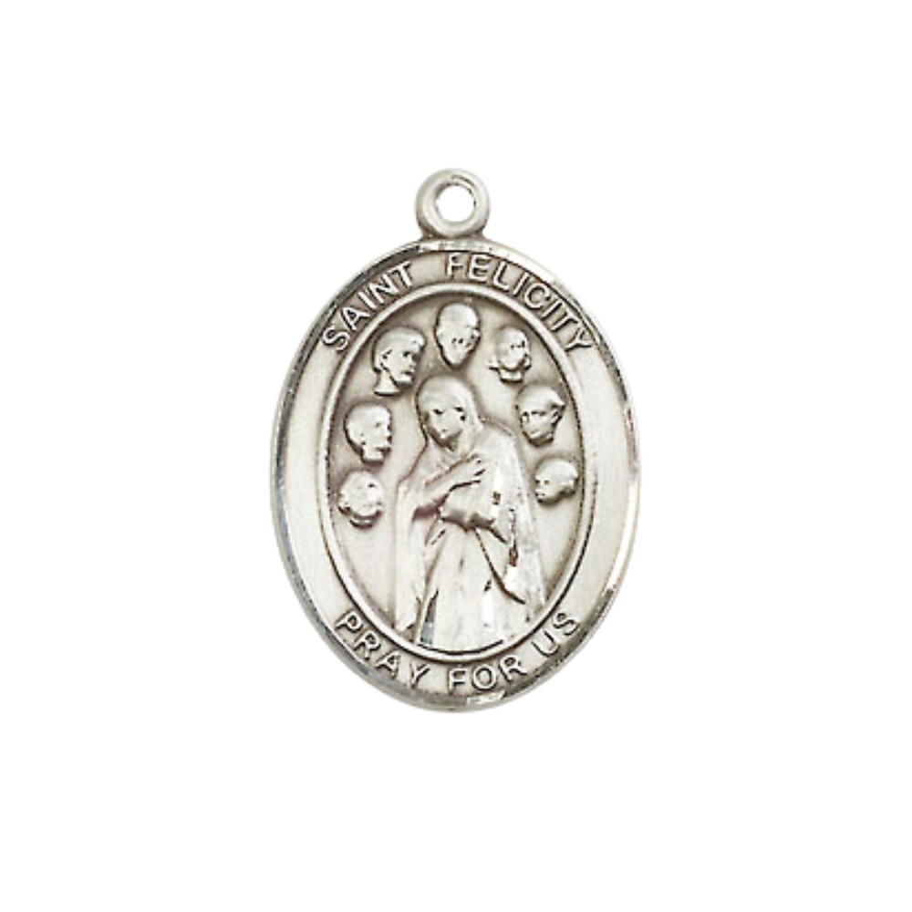 Medium Women's Pewter Saint St. Felicity Pendant Necklace on 18- inch Rhodium- Plated Lite Curb Brass Chain – Saint St. Felicity Medal, Catholic Medal - Patron Saint. of Death of Young Offspring– Velvet Gift Box Included