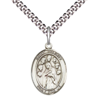 Men's Pewter Saint St. Felicity Oval Medium Medal Pendant on 24 Inch Endless Rhodium Plated Heavy Curb Brass Chain, Catholic Religious Necklace - Made in USA- Deluxe Velvet Gift Box