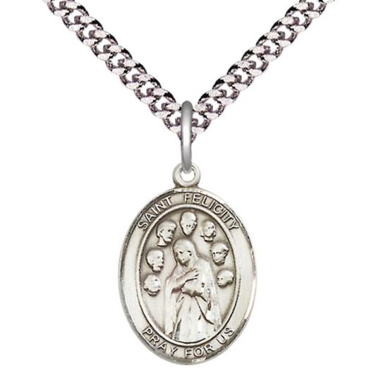 Men's .925 Sterling Silver Saint Felicity Oval Medium Medal Pendant on 24 Inch Endless Rhodium Plated Heavy Curb Brass Chain, Catholic Religious Necklace -Made in USA- Deluxe Velvet Gift Box