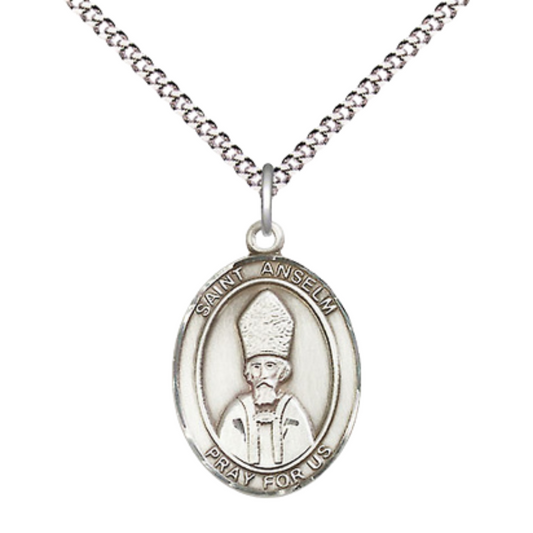 Everlasting Light Jewelry Medium Women's .925 Sterling Silver Saint St. Anselm of Canterbury Pendant Necklace on 18- inch Rhodium- Plated Lite Curb Brass Chain, Catholic Medal – Velvet Gift Box Included