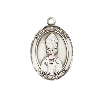 Medium Men's Pewter Saint St. Anselm of Canterbury Medal Pendant on 24 Inch Endless Rhodium Plated Heavy Curb Brass Chain, Catholic Religious Necklace - Made in USA- Deluxe Velvet Gift Box