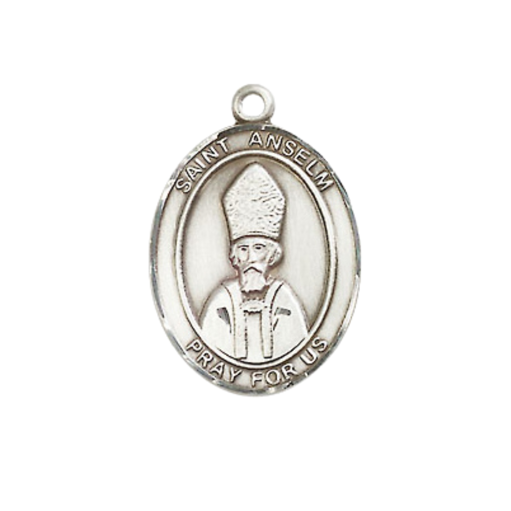 Medium Men's .925 Sterling Silver Saint St. Anselm of Canterbury Medal Pendant on 24 Inch Endless Rhodium Plated Heavy Curb Brass Chain, Catholic Religious Necklace - Made in USA- Deluxe Velvet Gift Box