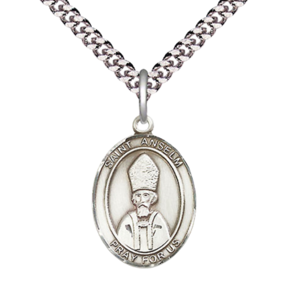 Medium Men's .925 Sterling Silver Saint St. Anselm of Canterbury Medal Pendant on 24 Inch Endless Rhodium Plated Heavy Curb Brass Chain, Catholic Religious Necklace - Made in USA- Deluxe Velvet Gift Box