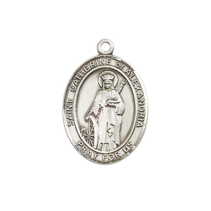 Medium Women's Pewter Saint St. Catherine of Alexandria Pendant Necklace on 18- inch Rhodium- Plated Lite Curb Brass Chain – Patron Saint St. of Librarians and Lawyers, Catholic Medal – Velvet Gift Box Included