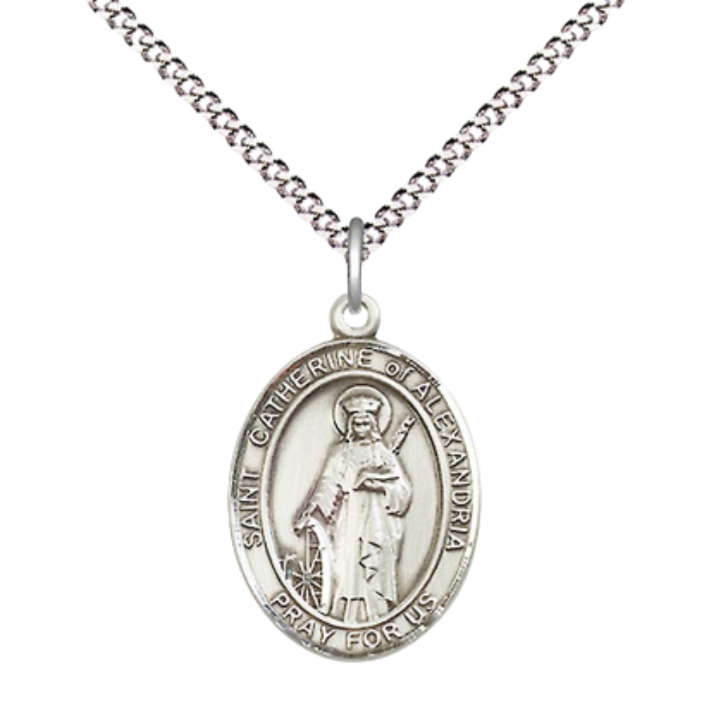 Medium Women's .925 Sterling Silver Saint St. Catherine of Alexandria Pendant Necklace on 18- inch Rhodium- Plated Lite Curb Brass Chain – Patron Saint St. of Librarians & Lawyers, Catholic Medal – Velvet Gift Box Included