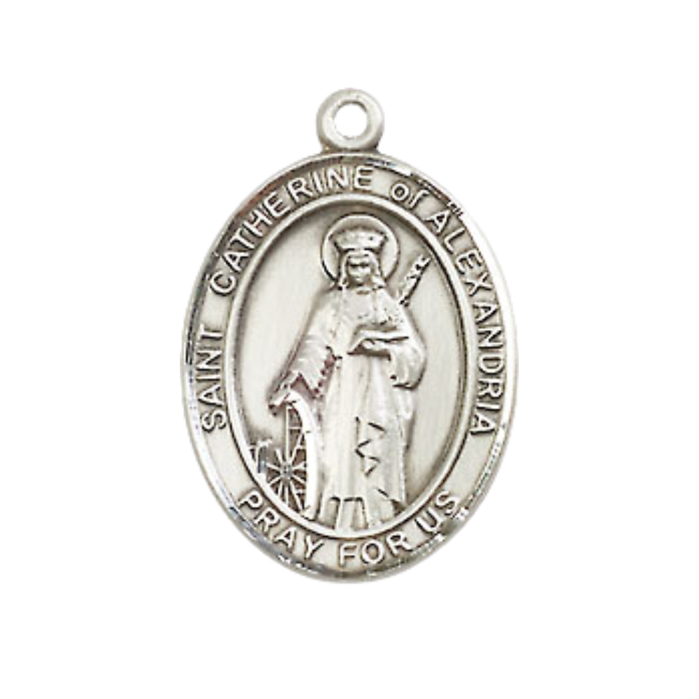 Medium Men's .925 Sterling Silver Saint St. Catherine of Alexandria Medal Pendant on 24 Inch Endless Rhodium Plated Heavy Curb Brass Chain, Catholic Religious Necklace - Made in USA- Deluxe Velvet Gift Box