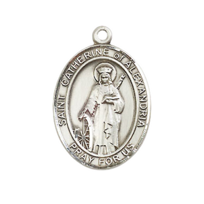 Medium Men's Pewter Saint St. Catherine of Alexandria Medal Pendant on 24 Inch Endless Rhodium Plated Heavy Curb Brass Chain, Catholic Religious Necklace - Made in USA- Deluxe Velvet Gift Box