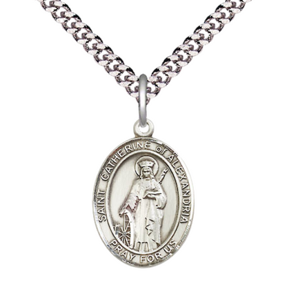 Medium Men's .925 Sterling Silver Saint St. Catherine of Alexandria Medal Pendant on 24 Inch Endless Rhodium Plated Heavy Curb Brass Chain, Catholic Religious Necklace - Made in USA- Deluxe Velvet Gift Box