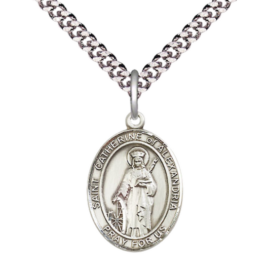 Medium Men's .925 Sterling Silver Saint St. Catherine of Alexandria Medal Pendant on 24 Inch Endless Rhodium Plated Heavy Curb Brass Chain, Catholic Religious Necklace - Made in USA- Deluxe Velvet Gift Box