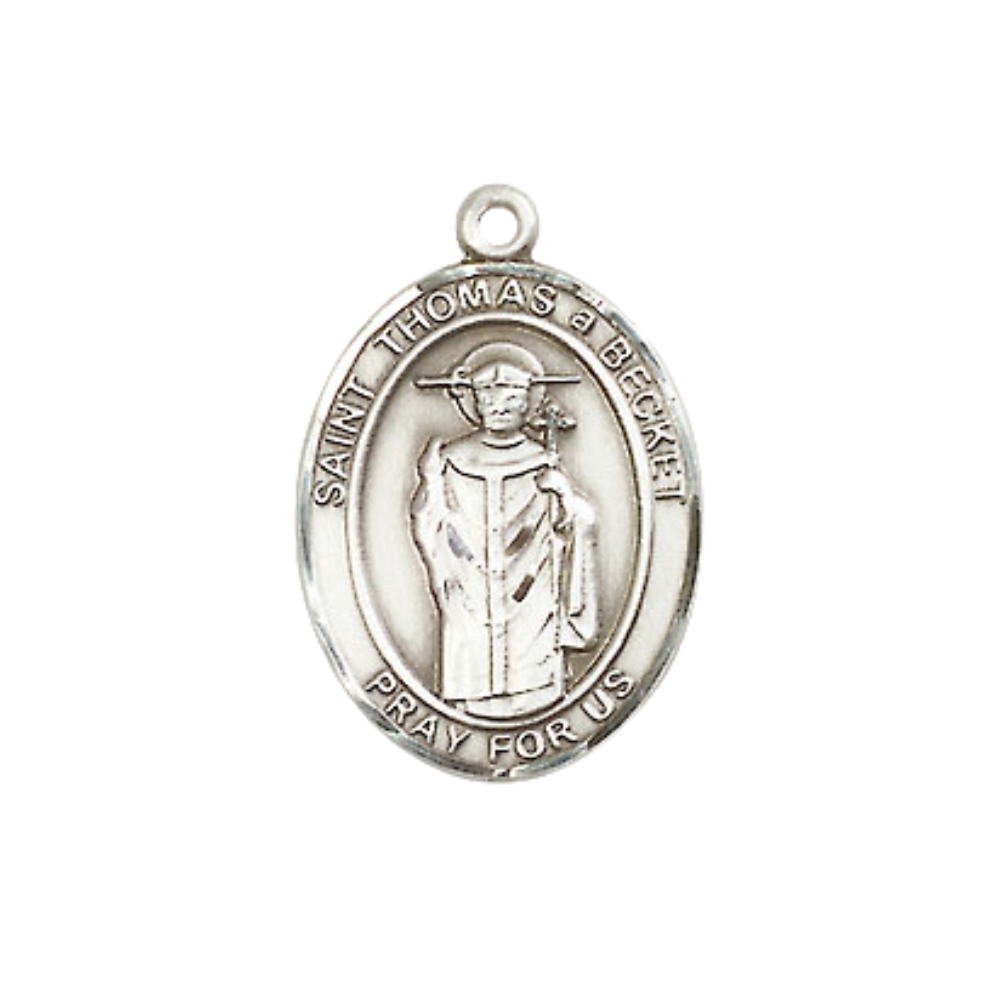 Everlasting Light Jewelry Medium Women's .925 Sterling Silver Saint St. Thomas A Becket Pendant Necklace on 18- inch Rhodium- Plated Lite Curb Brass Chain – Patron Saint St. of Clergy, Catholic Medal – Velvet Gift Box Included