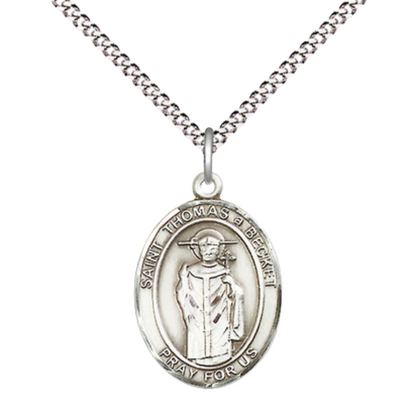Medium Women's Pewter Saint St. Thomas A Becket Pendant Necklace on 18- inch Rhodium- Plated Lite Curb Brass Chain – Saint St. Thomas A Becket Medal, Catholic Medal - Patron Saint. of Clergy – Velvet Gift Box Include