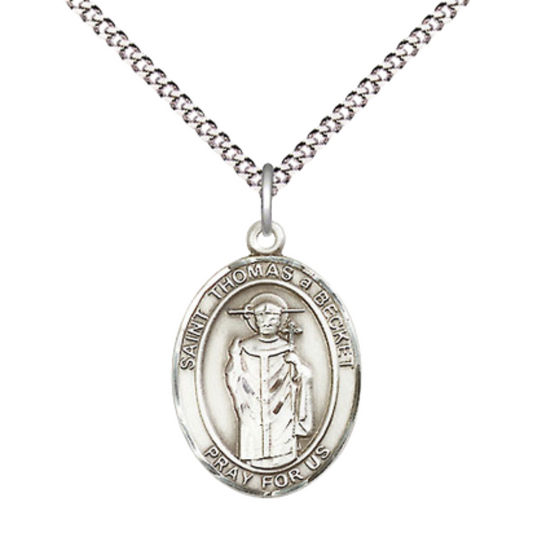 Medium Women's Pewter Saint St. Thomas A Becket Pendant Necklace on 18- inch Rhodium- Plated Lite Curb Brass Chain – Saint St. Thomas A Becket Medal, Catholic Medal - Patron Saint. of Clergy – Velvet Gift Box Include