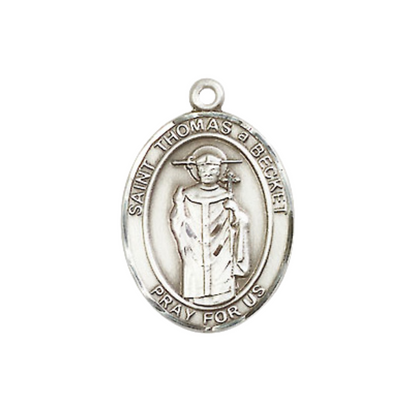 Medium Men's .925 Sterling Silver Saint St.Thomas A Becket Medal Pendant on 24 Inch Endless Rhodium Plated Heavy Curb Brass Chain, Catholic Religious Necklace -Made in USA- Deluxe Velvet Gift Box