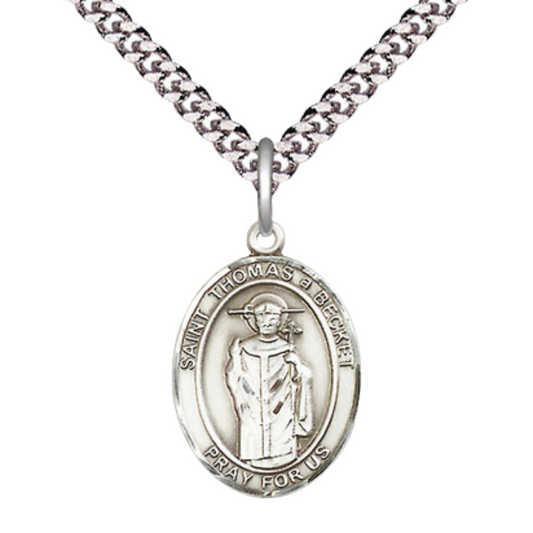 Medium Mens Oval Sterling Silver Saint Thomas A Becket Medal Pendant on 24" Rhodium Plated Heavy Curb Brass Chain w/ Lobster Claw Clasp, Catholic Religious Necklace -Made in USA-Velvet Gift Box