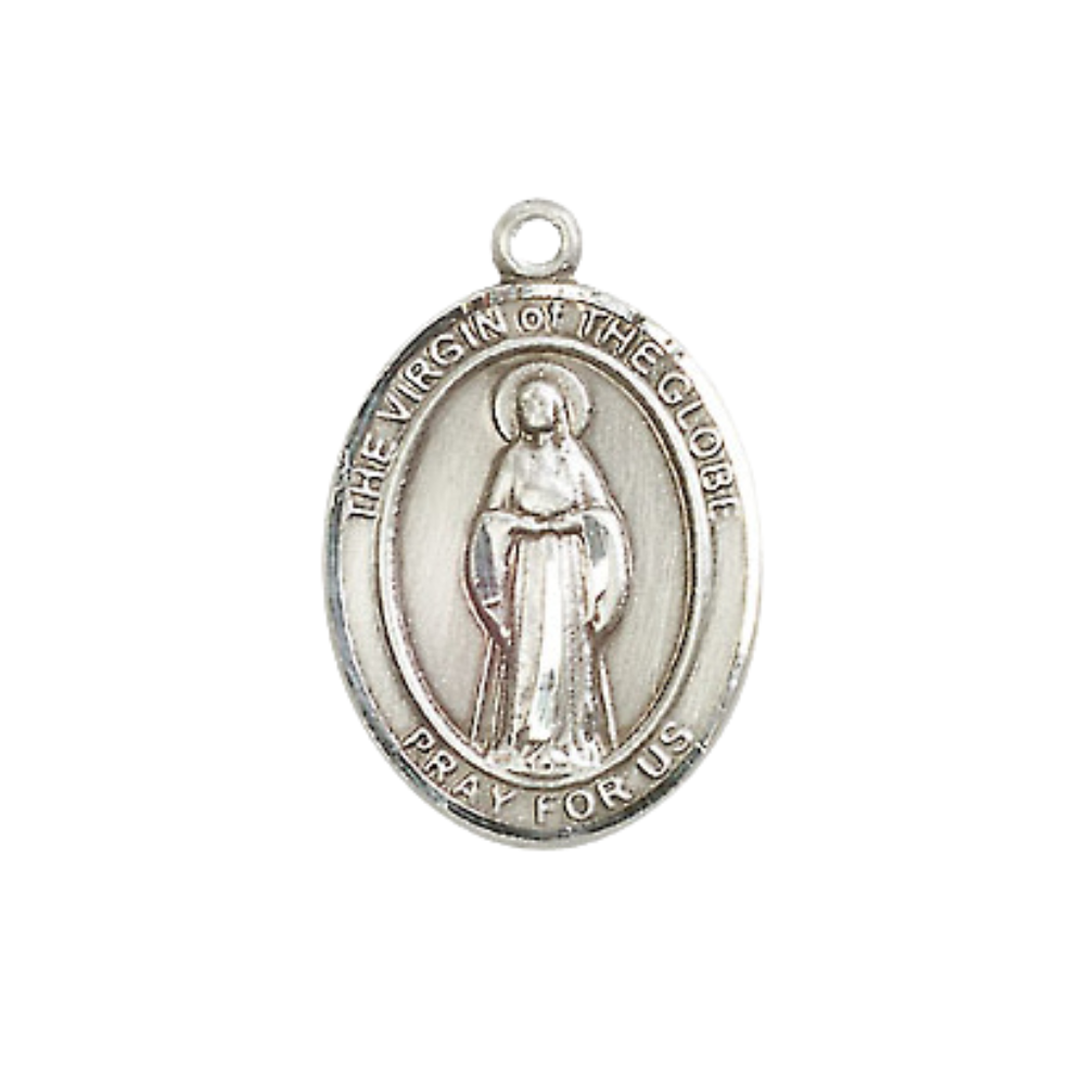 Medium Women's .925 Sterling Silver Virgin of the Globe Pendant Necklace on 18- inch Rhodium- Plated Lite Curb Brass Chain – Catholic Religious Jewelry – Velvet Gift Box Included