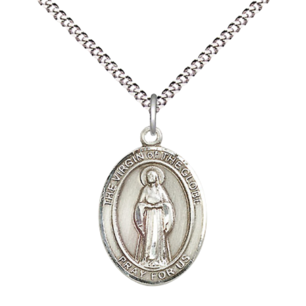 Medium Women's .925 Sterling Silver Virgin of the Globe Pendant Necklace on 18- inch Rhodium- Plated Lite Curb Brass Chain – Catholic Religious Jewelry – Velvet Gift Box Included