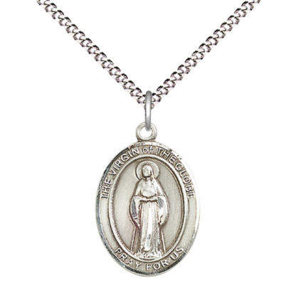 Medium Women's .925 Sterling Silver Virgin of the Globe Pendant Necklace on 18- inch Rhodium- Plated Lite Curb Brass Chain – Catholic Religious Jewelry – Velvet Gift Box Included