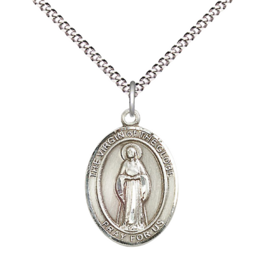Medium Women's .925 Sterling Silver Virgin of the Globe Pendant Necklace on 18- inch Rhodium- Plated Lite Curb Brass Chain – Catholic Religious Jewelry – Velvet Gift Box Included