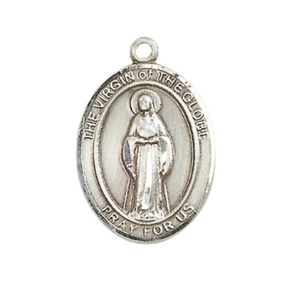 Mens Medium Oval Pewter Virgin of the Globe Medal Pendant on 24" Rhodium Plated Heavy Curb Brass Chain w/ Lobster Claw Clasp, Catholic Religious Necklace -Made in USA- Deluxe Velvet Gift Box