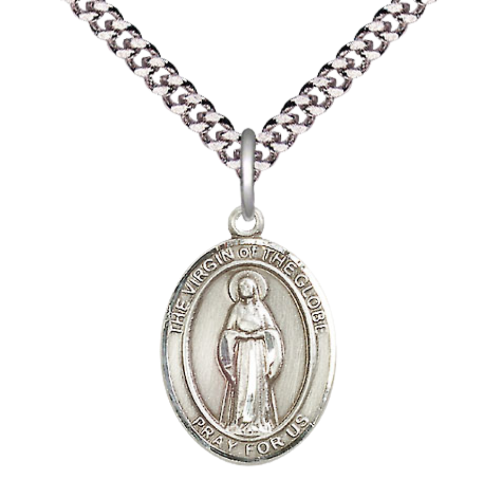 Everlasting Light Jewelry Medium Men's Pewter Virgin of the Globe Medal Pendant on 24 Inch Endless Rhodium Plated Heavy Curb Brass Chain, Catholic Religious Necklace - Made in USA- Deluxe Velvet Gift Box