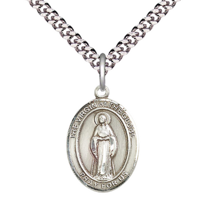 Everlasting Light Jewelry Medium Men's Pewter Virgin of the Globe Medal Pendant on 24 Inch Endless Rhodium Plated Heavy Curb Brass Chain, Catholic Religious Necklace - Made in USA- Deluxe Velvet Gift Box