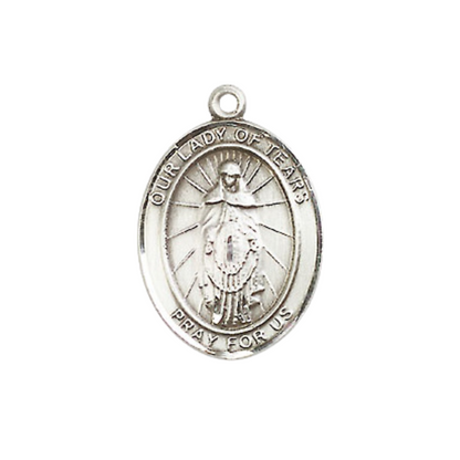 Everlasting Light Jewelry Medium Women's Pewter Our Lady of Tears Pendant Necklace on 18- inch Rhodium- Plated Lite Curb Brass Chain – Catholic Religious Medal – Our Lady of Tears Medal – Velvet Gift Box Included
