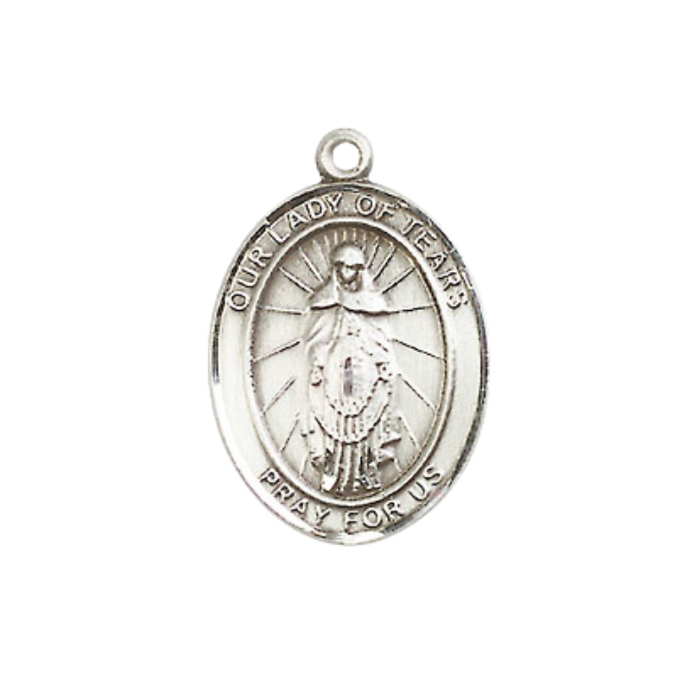 Medium Women's .925 Sterling Silver Our Lady of Tears Pendant Necklace on 18- inch Rhodium- Plated Lite Curb Brass Chain – Catholic Religious Jewelry – Velvet Gift Box Included