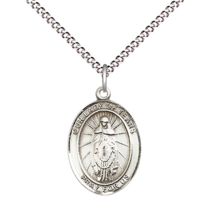 Everlasting Light Jewelry Medium Women's Pewter Our Lady of Tears Pendant Necklace on 18- inch Rhodium- Plated Lite Curb Brass Chain – Catholic Religious Medal – Our Lady of Tears Medal – Velvet Gift Box Included