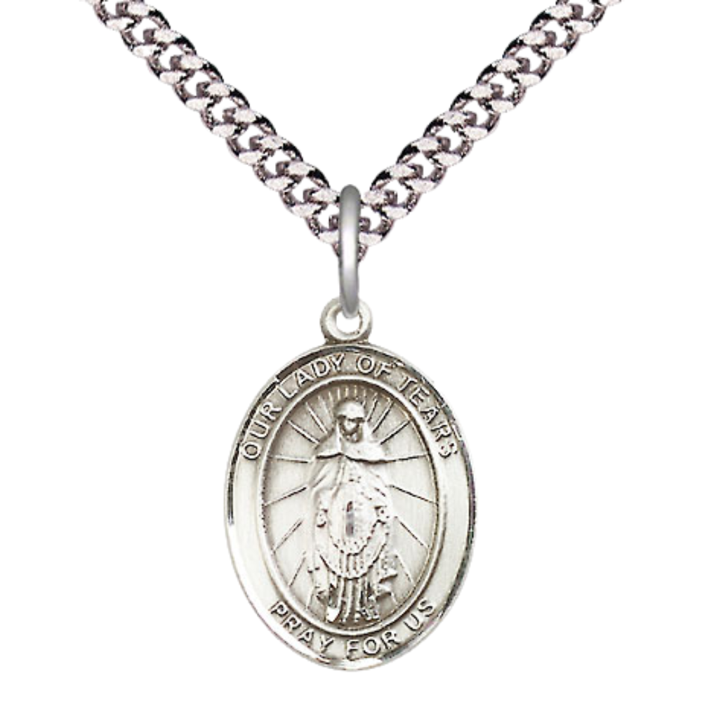 Mens Medium Oval .925 Sterling Silver Our Lady of Tears Medal Pendant on 24 Inch Rhodium Plated Heavy Curb Brass Chain w/ Lobster Claw Clasp, Catholic Religious Necklace - Made in USA- Velvet Gift Box