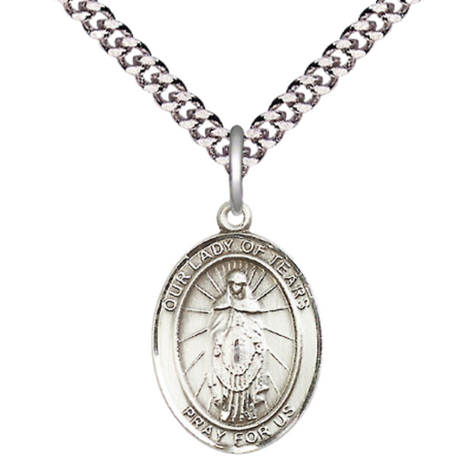 Everlasting Light Jewelry Medium Men's Pewter Our Lady of Tears Medal Pendant on 24 Inch Endless Rhodium Plated Heavy Curb Brass Chain, Catholic Religious Necklace - Made in USA- Deluxe Velvet Gift Box