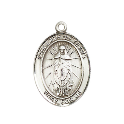 Everlasting Light Jewelry Medium Men's Pewter Our Lady of Tears Medal Pendant on 24 Inch Endless Rhodium Plated Heavy Curb Brass Chain, Catholic Religious Necklace - Made in USA- Deluxe Velvet Gift Box