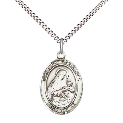 Everlasting Light Jewelry Medium Women's Pewter Our Lady of Grapes Pendant Necklace on 18- inch Rhodium- Plated Lite Curb Brass Chain – Catholic Religious Medal – Our Lady of Grapes Medal – Gift Box Included