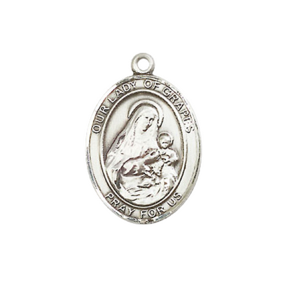 Medium Women's .925 Sterling Silver Our Lady of Grapes Pendant Necklace on 18- inch Rhodium- Plated Lite Curb Brass Chain – Catholic Religious Jewelry – Velvet Gift Box Included