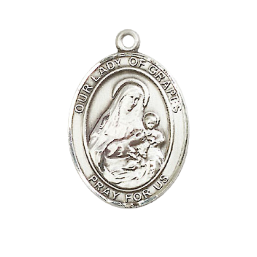 Mens Medium Oval Pewter Our Lady of Grapes Medal Pendant on 24 Inch Rhodium Plated Heavy Curb Brass Chain w/ Lobster Claw Clasp, Catholic Religious Necklace - Made in USA- Deluxe Velvet Gift Box
