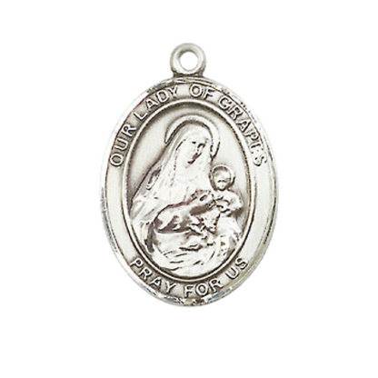 Mens Medium Oval Pewter Our Lady of Grapes Medal Pendant on 24 Inch Rhodium Plated Heavy Curb Brass Chain w/ Lobster Claw Clasp, Catholic Religious Necklace - Made in USA- Deluxe Velvet Gift Box