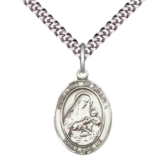 Everlasting Light Jewelry Medium Men's Pewter Our Lady of Grapes Medal Pendant on 24 Inch Endless Rhodium Plated Heavy Curb Brass Chain, Catholic Religious Necklace - Made in USA- Deluxe Velvet Gift Box