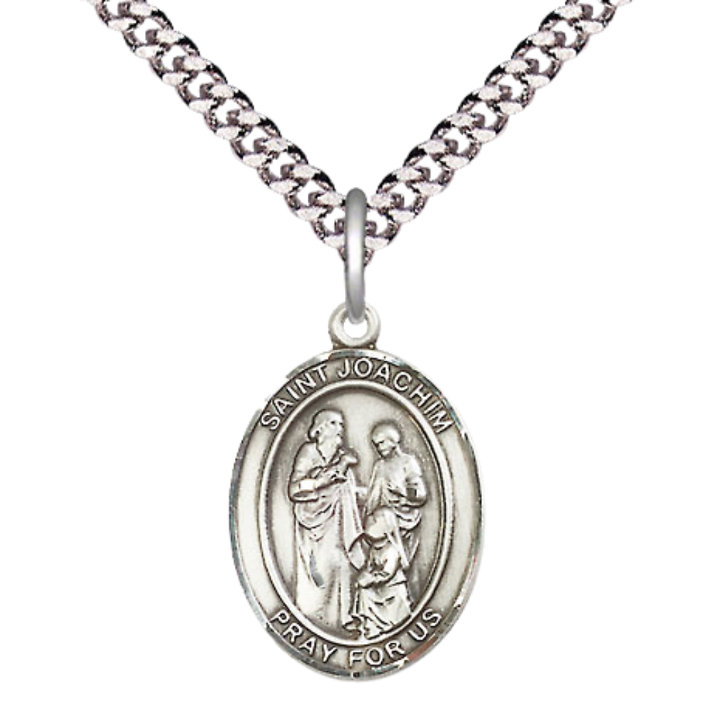 Mens Medium Oval Pewter Saint Joachim Medal Pendant on 24 Inch Rhodium Plated Heavy Curb Brass Chain with Lobster Claw Clasp, Catholic Religious Necklace -Made in USA- Deluxe Velvet Gift Box