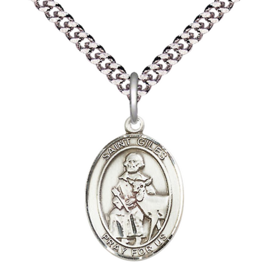 Everlasting Light Jewelry Medium Men's Pewter Saint St. Giles Medal Pendant on 24 Inch Endless Rhodium Plated Heavy Curb Brass Chain, Catholic Religious Necklace - Made in USA- Deluxe Velvet Gift Box