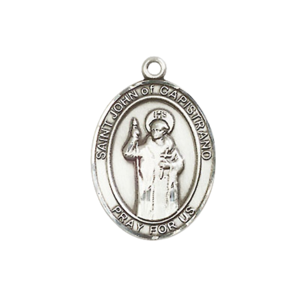 Medium Women's Pewter Saint John of Capistrano Pendant Necklace on 18-inch Rhodium-Plated Lite Curb Brass Chain – Religious Medal – Patron Saint of Judges & Military Chaplains – Velvet Gift Box Included