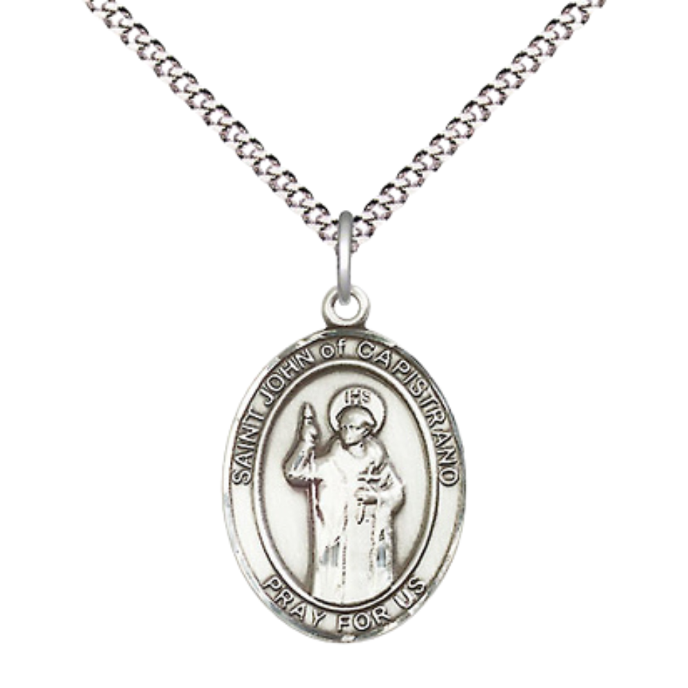 Medium Women's Pewter Saint John of Capistrano Pendant Necklace on 18-inch Rhodium-Plated Lite Curb Brass Chain – Religious Medal – Patron Saint of Judges & Military Chaplains – Velvet Gift Box Included