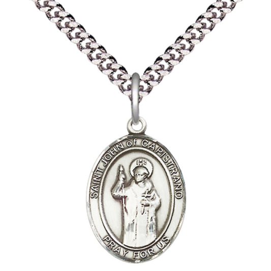 Medium Men's Pewter Saint St. John of Capistrano Medal Pendant on 24 Inch Endless Rhodium Plated Heavy Curb Brass Chain, Catholic Religious Necklace - Made in USA- Deluxe Velvet Gift Box