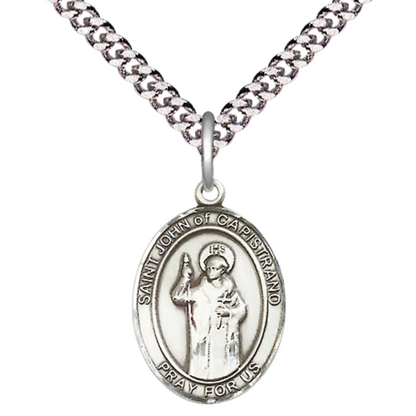 Mens Medium Oval Pewter Saint St. John of Capistrano Medal Pendant on 24 Inch Rhodium Plated Heavy Curb Brass Chain w/ Lobster Claw Clasp, Catholic Religious Necklace - Made in USA- Velvet Gift Box
