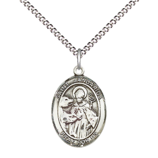 Everlasting Light Jewelry Medium Women's Pewter Saint St. Januarius Pendant Necklace on 18- inch Rhodium- Plated Lite Curb Brass Chain – Patron Saint St. of Blood Banks – Catholic Religious Medal – Velvet Gift Box Included