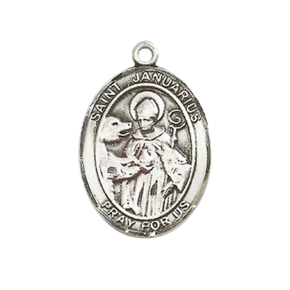 Everlasting Light Jewelry Medium Men's Pewter Saint St. Januarius Medal Pendant on 24 Inch Endless Rhodium Plated Heavy Curb Brass Chain, Catholic Religious Necklace - Made in USA- Deluxe Velvet Gift Box