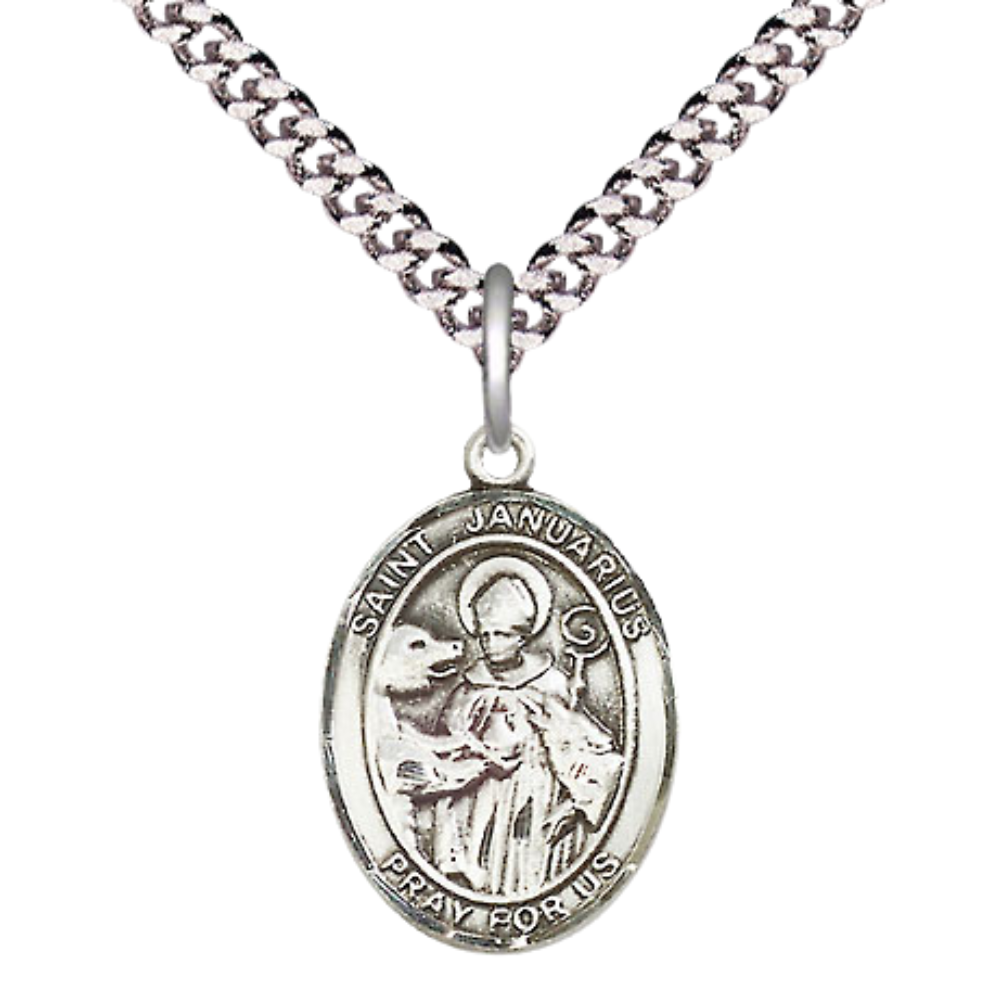 Everlasting Light Jewelry Medium Men's Pewter Saint St. Januarius Medal Pendant on 24 Inch Endless Rhodium Plated Heavy Curb Brass Chain, Catholic Religious Necklace - Made in USA- Deluxe Velvet Gift Box