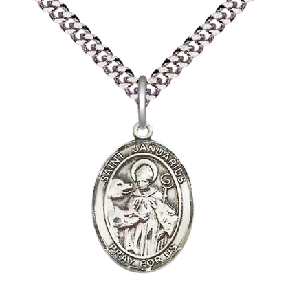 Everlasting Light Jewelry Medium Men's Pewter Saint St. Januarius Medal Pendant on 24 Inch Endless Rhodium Plated Heavy Curb Brass Chain, Catholic Religious Necklace - Made in USA- Deluxe Velvet Gift Box
