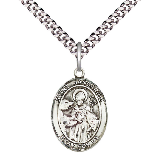 Medium Men's .925 Sterling Silver Saint St. Januarius Medal Pendant on 24 Inch Endless Rhodium Plated Heavy Curb Brass Chain, Catholic Religious Necklace - Made in USA- Deluxe Velvet Gift Box