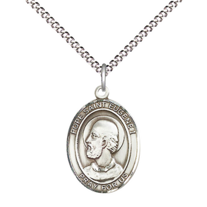 Everlasting Light Jewelry Medium Women's Sterling Silver Pope St Eugene I Pendant Necklace on 18-inch Rhodium-Plated Lite Curb Brass Chain – Velvet Gift Box Included