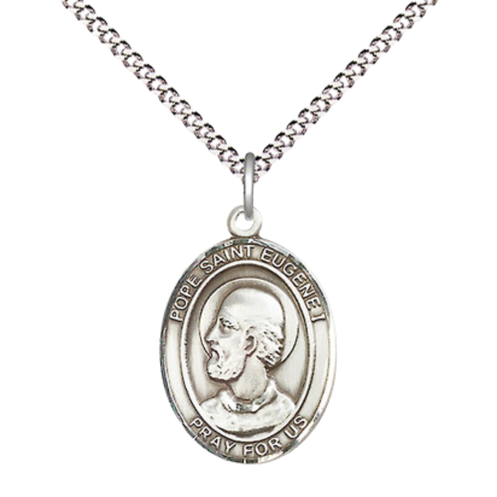 Everlasting Light Jewelry Medium Women's Pewter Pope St Eugene I Pendant Necklace on 18- inch Rhodium- Plated Lite Curb Brass Chain – Catholic Religious Medal – Patron Saint St. of Rome – Velvet Gift Box Included